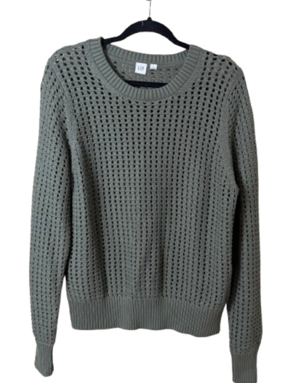 GAP Olive Green Open Crochet Knit Crewneck Sweater Top Size Large